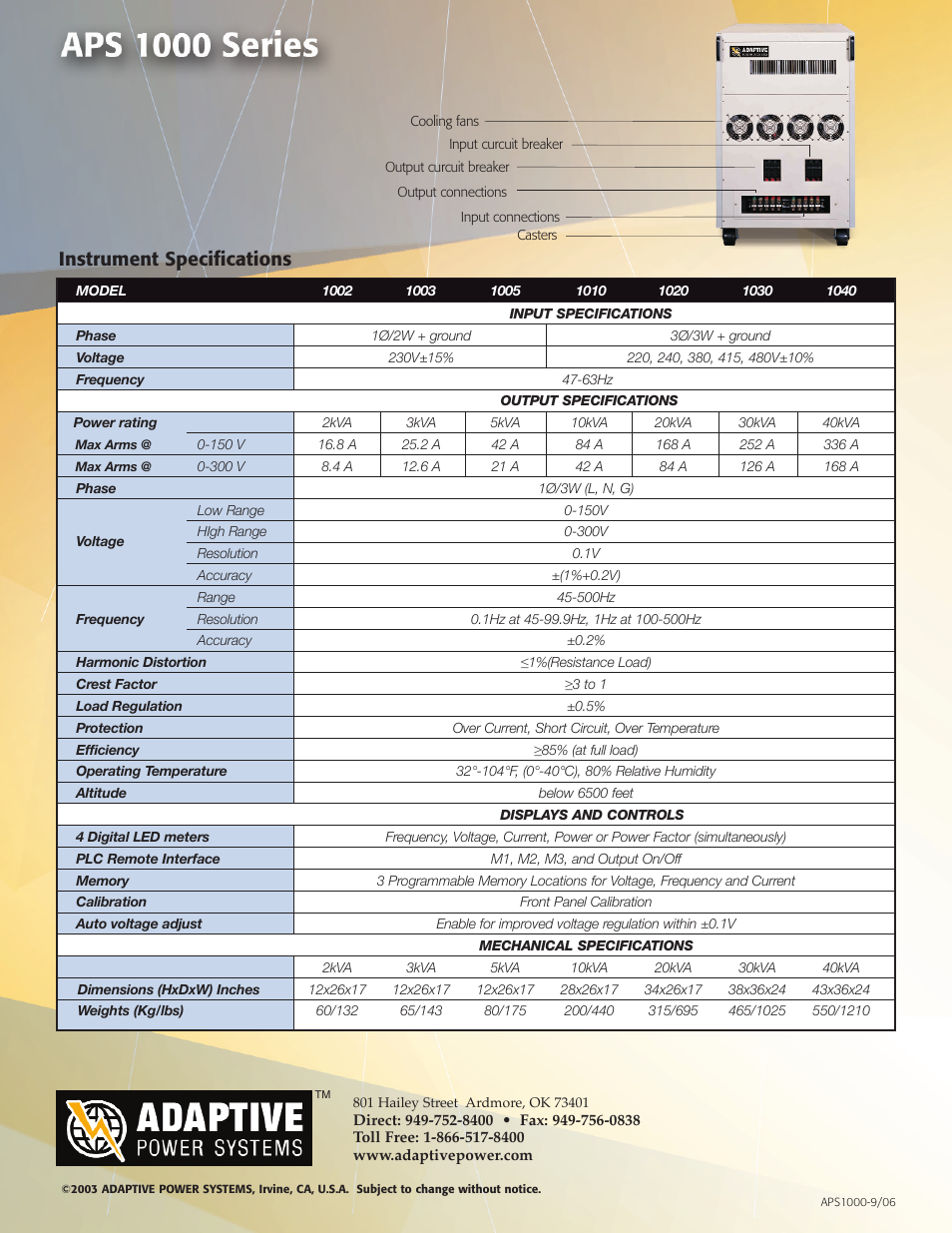 Instrument specifications | Atec AdaptivePowerSystems-1000 Series User Manual | Page 2 / 2