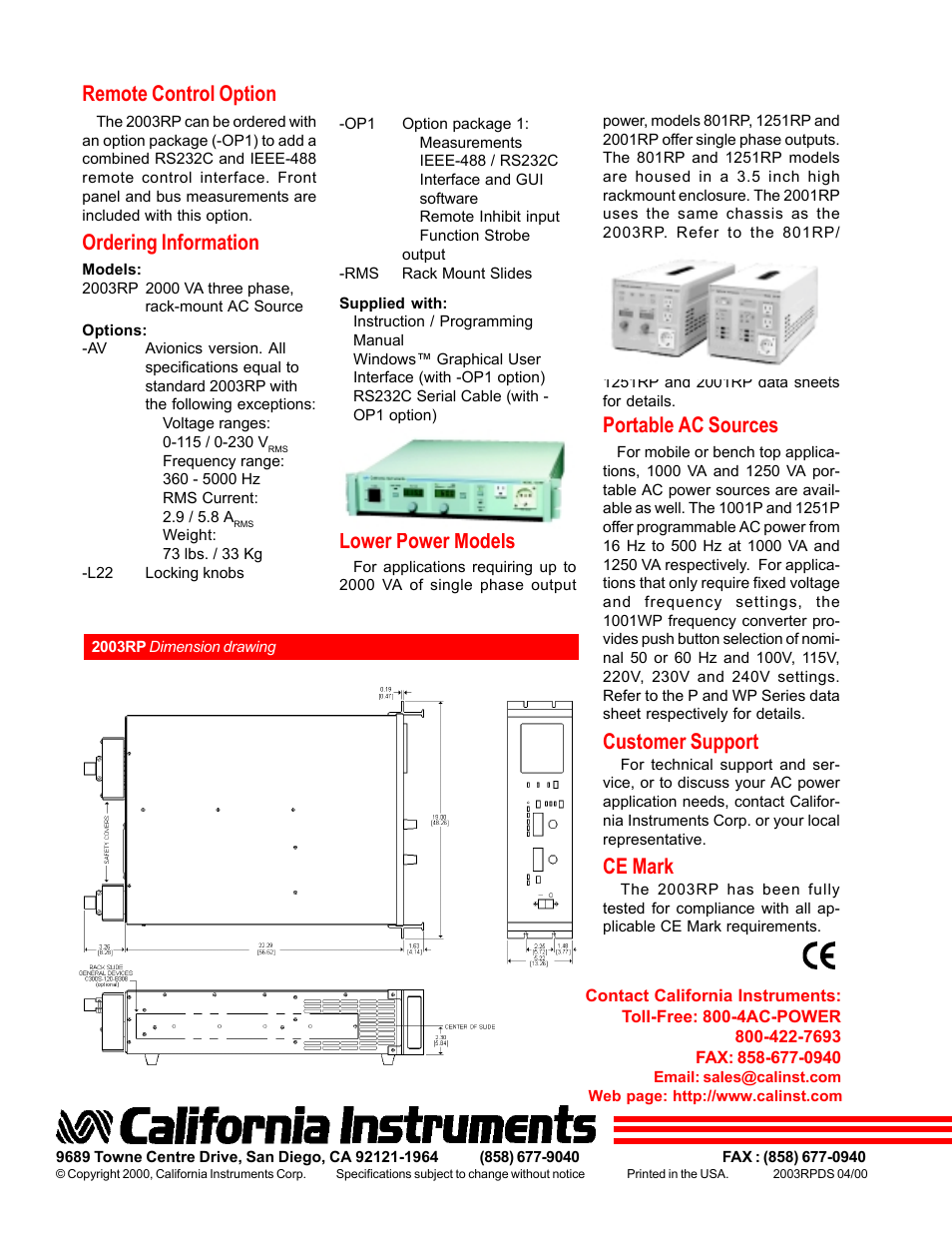 Remote control option, Ordering information, Lower power models | Portable ac sources, Customer support, Ce mark | Atec California-Instruments-2003RP User Manual | Page 4 / 4