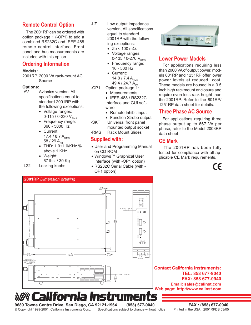 Remote control option, Ordering information, Supplied with | Lower power models, Three phase ac source, Ce mark | Atec California-Instruments-2001RP User Manual | Page 4 / 4