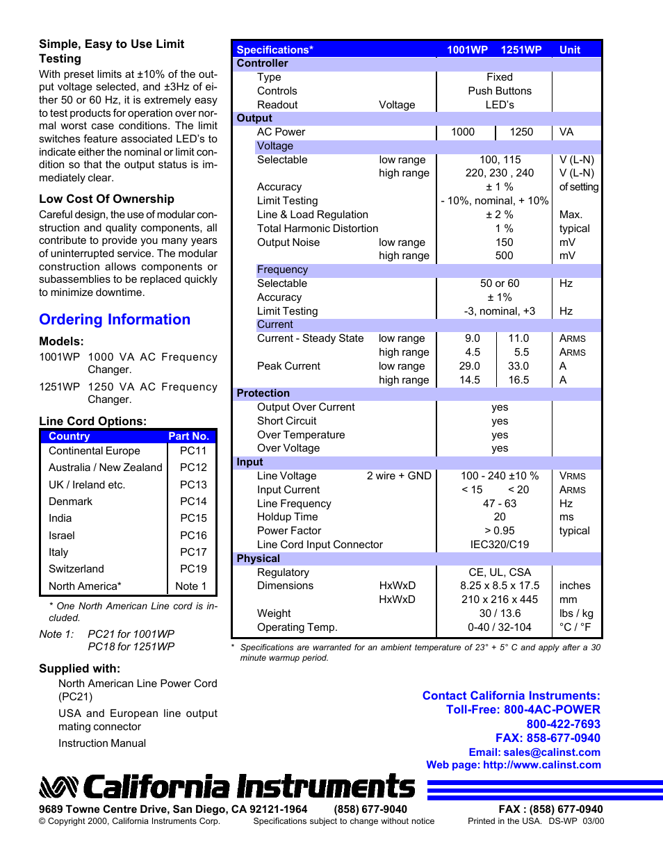 Ordering information | Atec California-Instruments-1001WP User Manual | Page 2 / 2