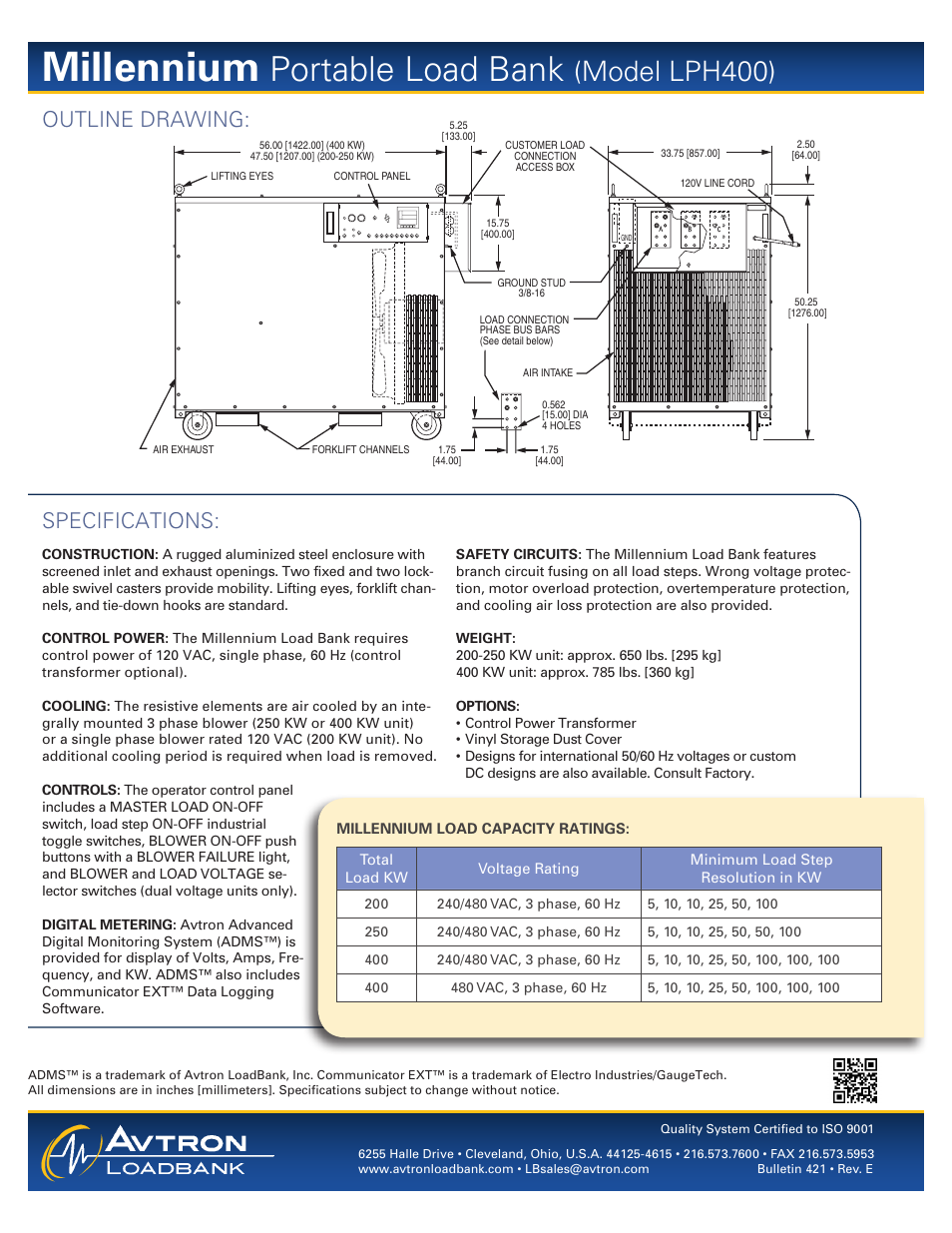 Millennium, Portable load bank, Model lph400) | Specifications, Outline drawing | Atec Avtron-LPH400 User Manual | Page 2 / 2