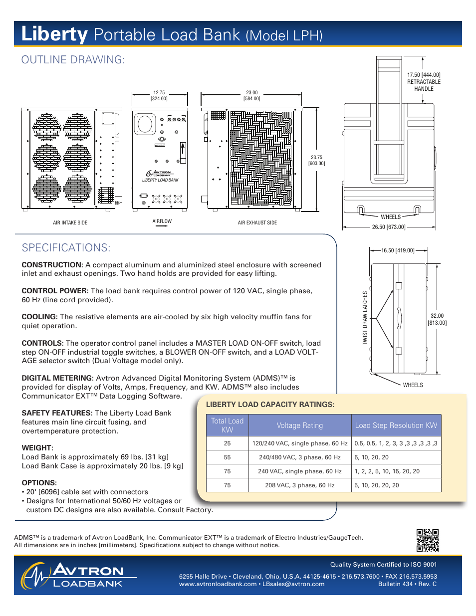 Liberty, Portable load bank, Model lph) | Specifications, Outline drawing | Atec Avtron-LPH User Manual | Page 2 / 2