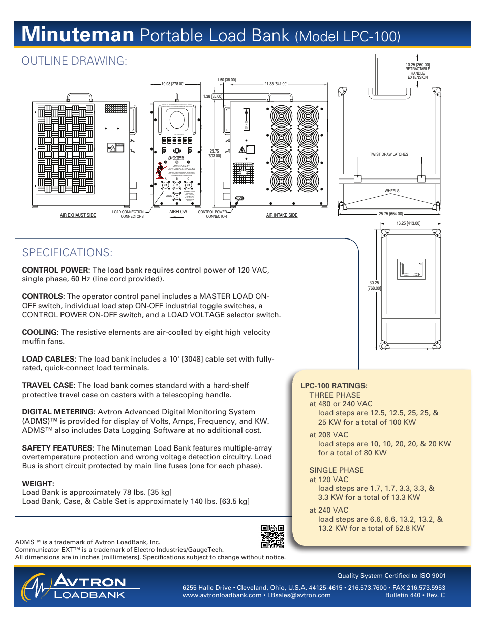 Minuteman, Portable load bank, Model lpc-100) | Specifications, Outline drawing | Atec Avtron-LPC100 User Manual | Page 2 / 2