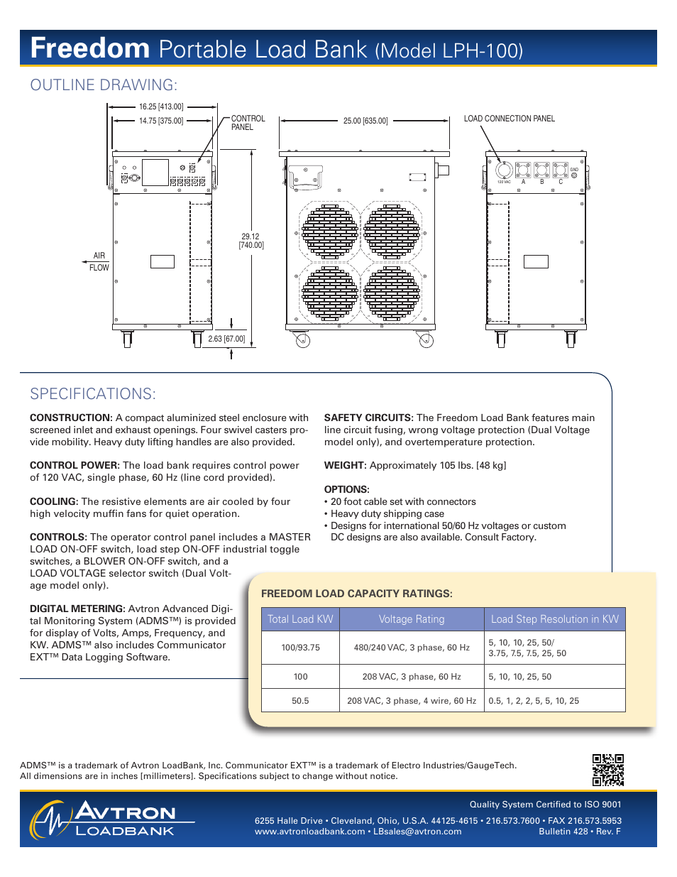 Freedom, Portable load bank, Model lph-100) | Specifications, Outline drawing | Atec Avtron-LPH-100 User Manual | Page 2 / 2