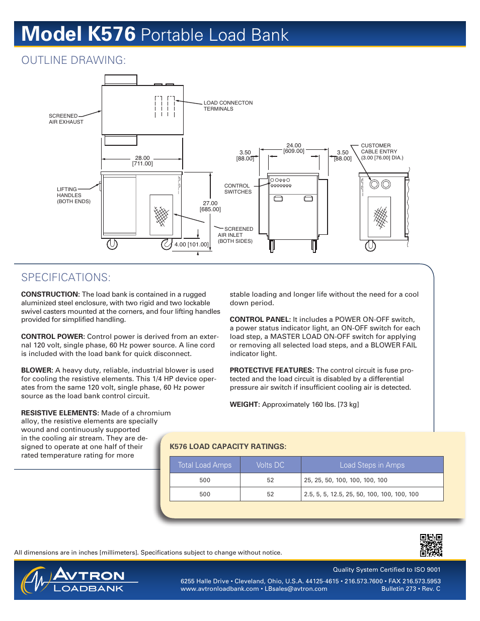 Model k576, Portable load bank, Specifications | Outline drawing | Atec Avtron-K576 User Manual | Page 2 / 2