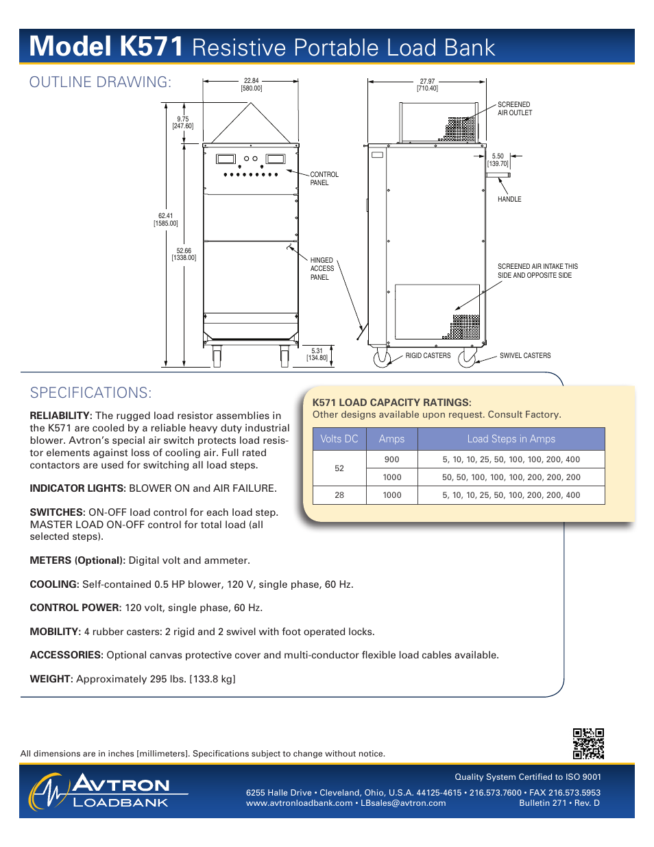 Model k571, Resistive portable load bank, Specifications | Outline drawing | Atec Avtron-K571 User Manual | Page 2 / 2