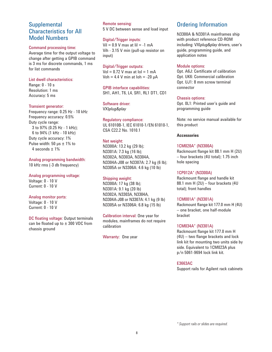 Ordering information, Supplemental characteristics for all model numbers | Atec Agilent-N3300A User Manual | Page 8 / 10