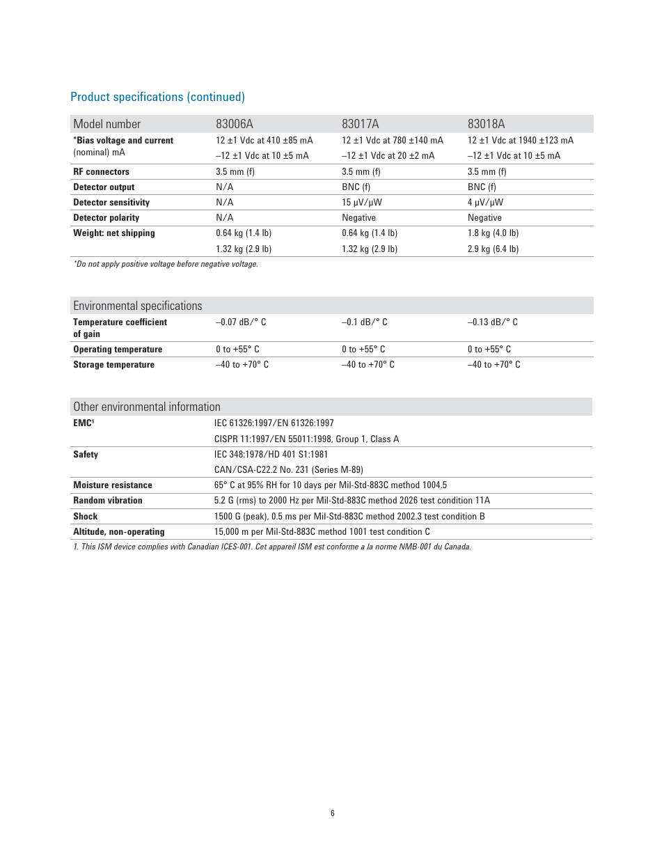 Environmental speciﬁ cations, Other environmental information | Atec Agilent-83017A-83020A User Manual | Page 6 / 15