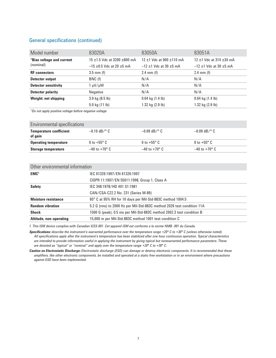 Environmental speciﬁ cations, Other environmental information | Atec Agilent-83017A-83020A User Manual | Page 7 / 15