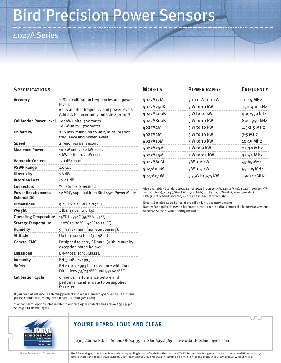 Bird, Precision power sensors, 4027a series | Atec Bird-4027A Series User Manual | Page 2 / 2
