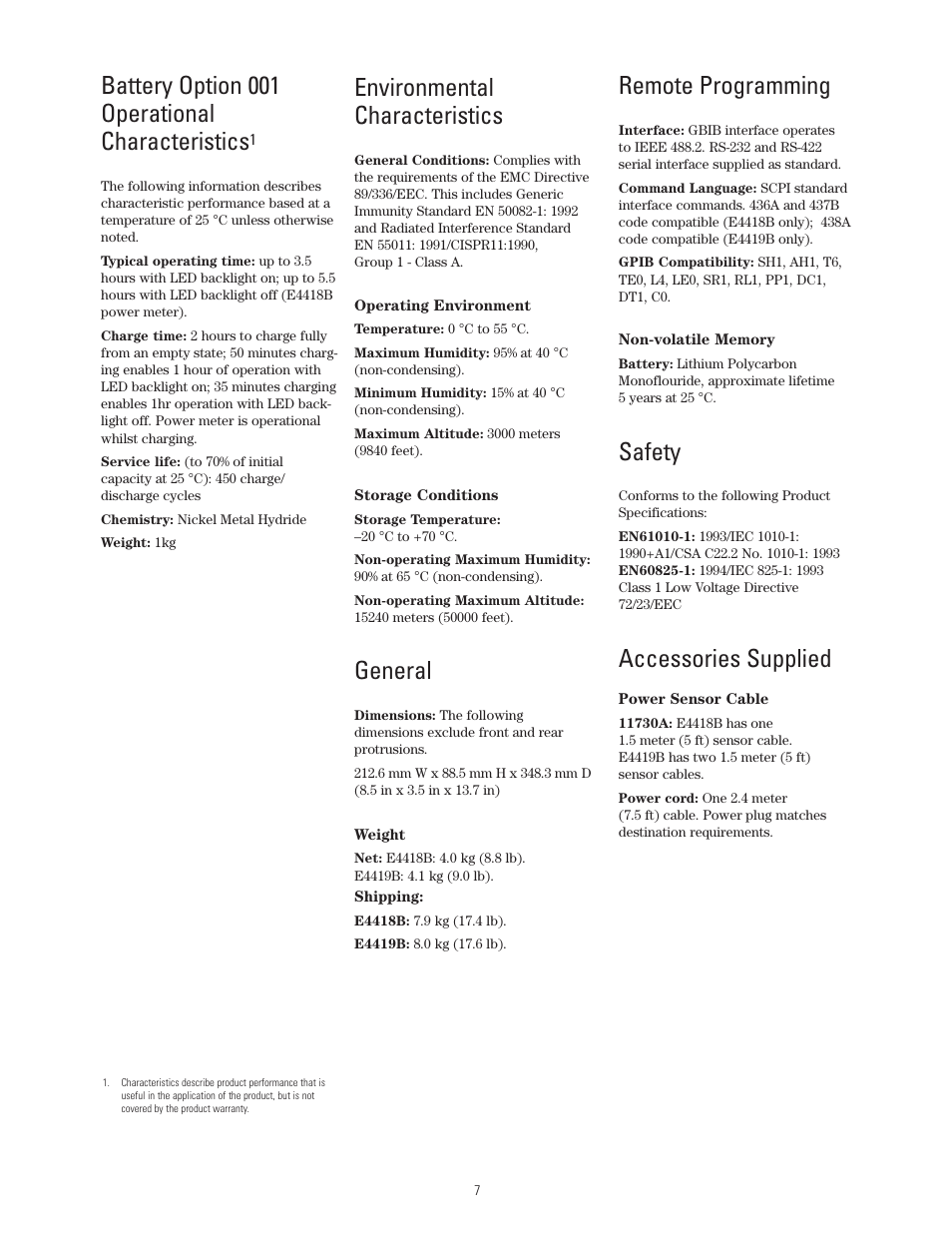 Battery option 001 operational characteristics, Environmental characteristics, General | Remote programming, Safety, Accessories supplied | Atec Agilent-8480 Series User Manual | Page 7 / 22