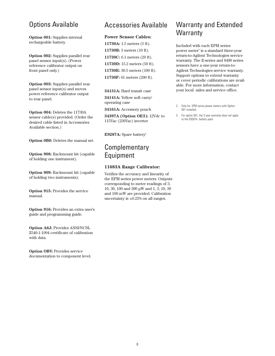 Options available, Accessories available, Complementary equipment | Warranty and extended warranty | Atec Agilent-8480 Series User Manual | Page 8 / 22