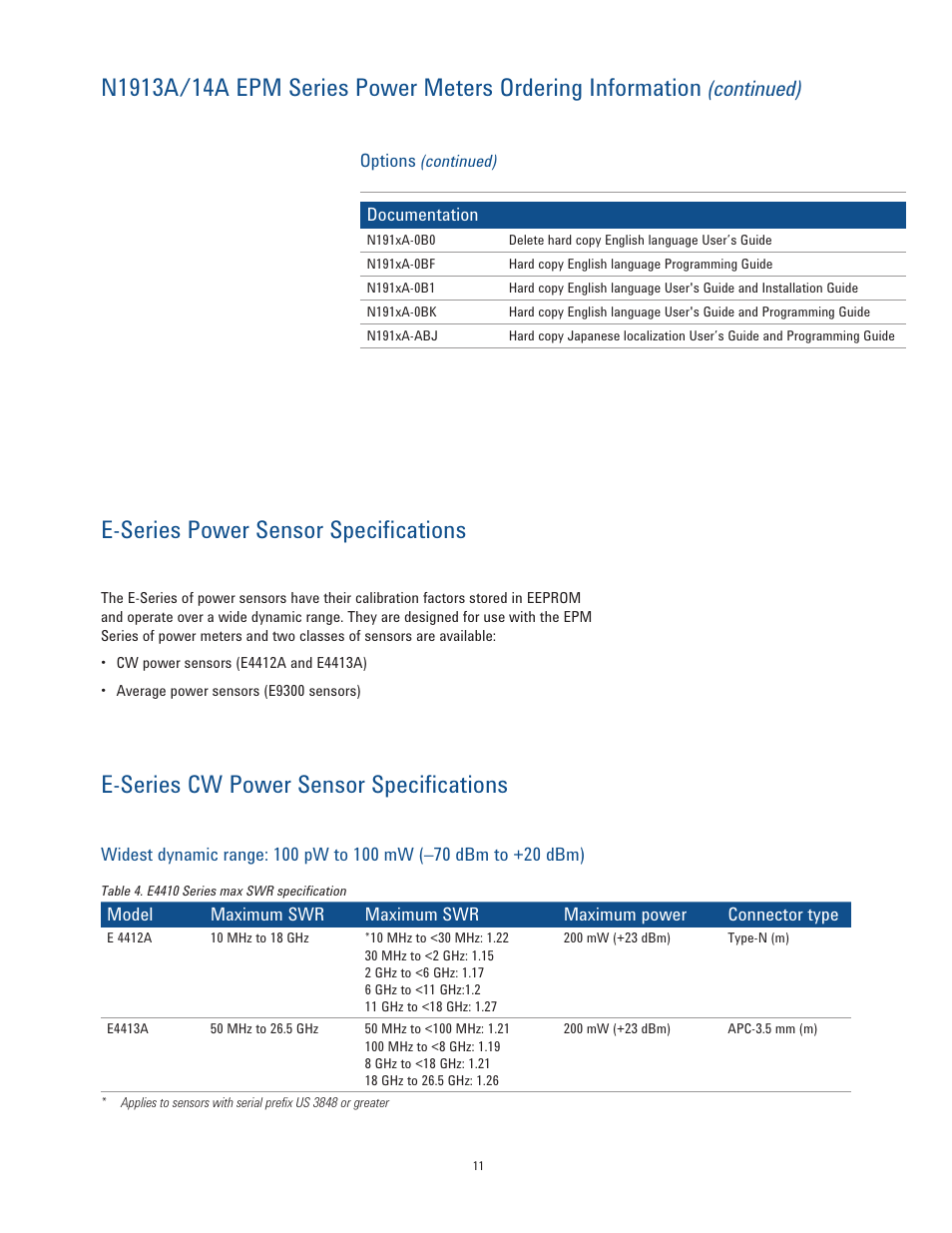 E-series power sensor specifications, E-series cw power sensor specifications, Continued) | Atec Agilent-EPM Series User Manual | Page 11 / 27