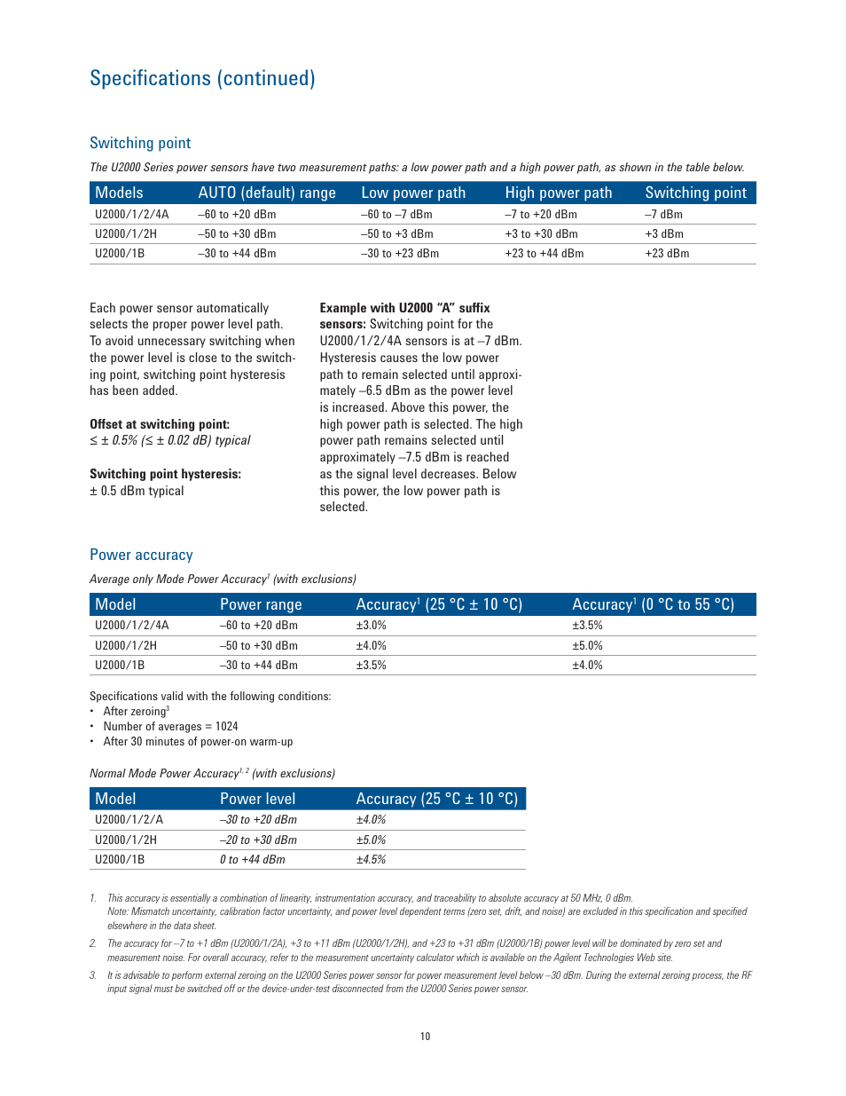 Specifications (continued), Switching point, Power accuracy | Model power range accuracy, 25 °c ± 10 °c) accuracy, 0 °c to 55 °c), Model power level accuracy (25 °c ± 10 °c) | Atec Agilent-U2000 Series User Manual | Page 10 / 24