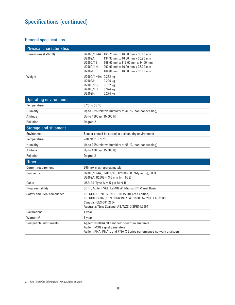 Specifications (continued), General specifications physical characteristics, Operating environment | Storage and shipment, Other | Atec Agilent-U2000 Series User Manual | Page 18 / 24