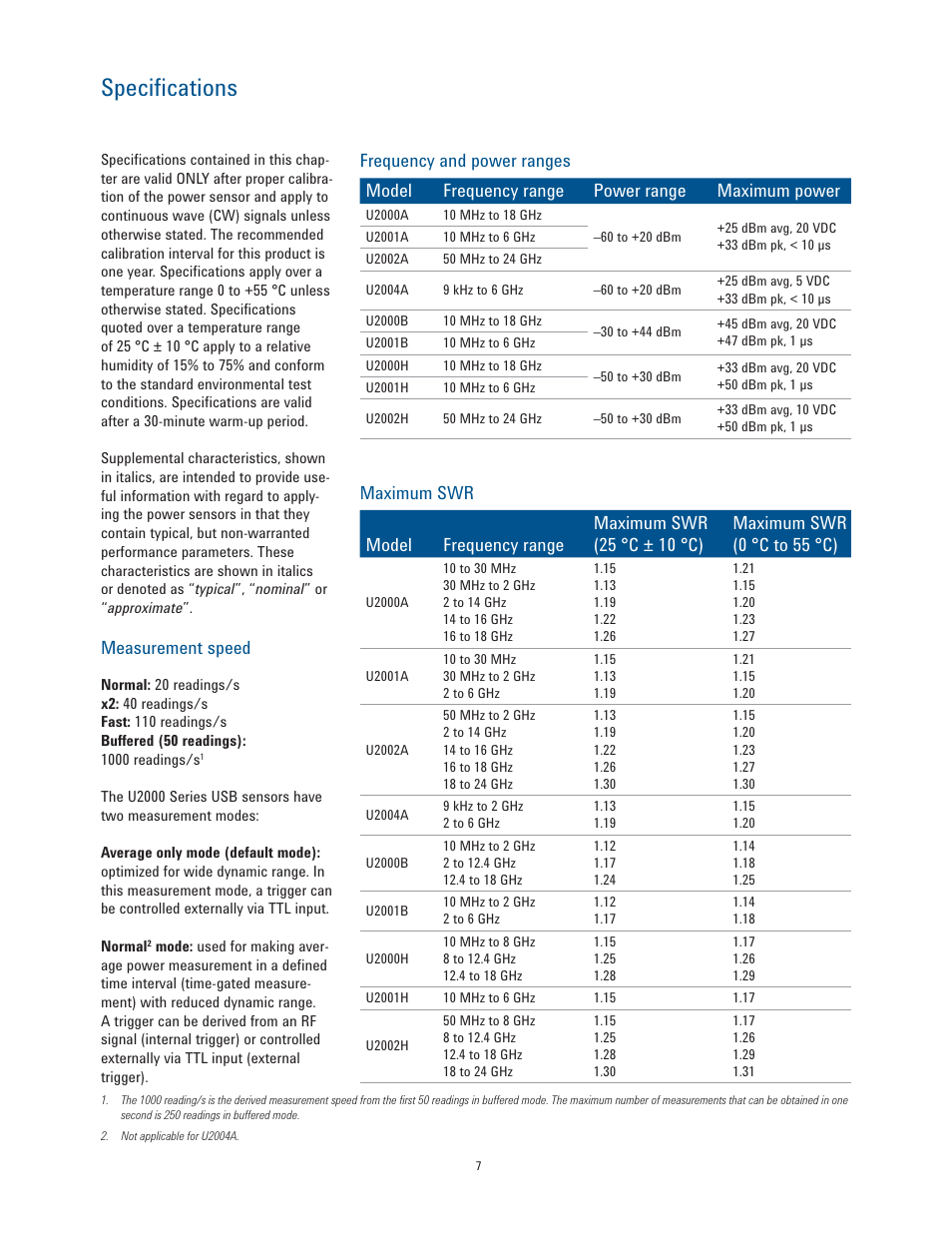 Specifications, Measurement speed | Atec Agilent-U2000 Series User Manual | Page 7 / 24