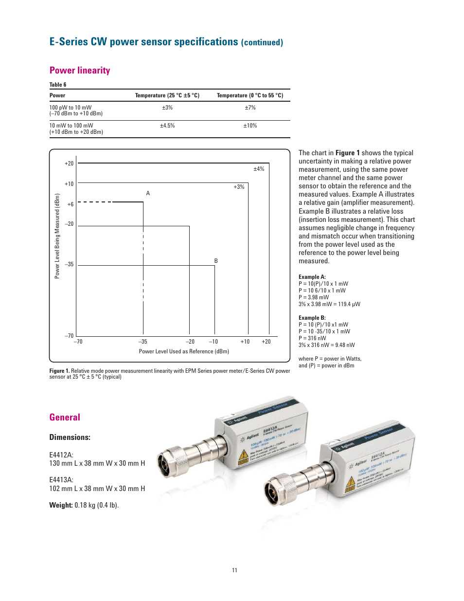 E-series cw power sensor speciﬁcations, Power linearity general, Continued) | Dimensions | Atec Agilent-E4418B-E4419B User Manual | Page 11 / 21