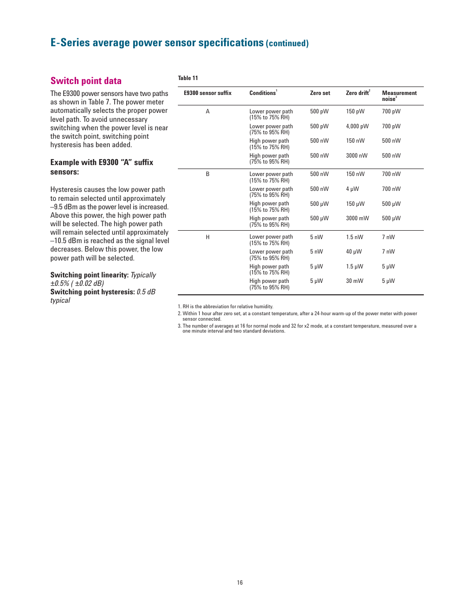 E-series average power sensor speciﬁcations, Switch point data, Continued) | Example with e9300 “a” sufﬁx sensors | Atec Agilent-E4418B-E4419B User Manual | Page 16 / 21