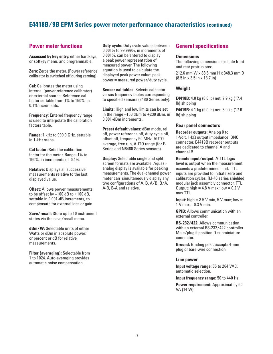 Power meter functions general speciﬁcations | Atec Agilent-E4418B-E4419B User Manual | Page 7 / 21