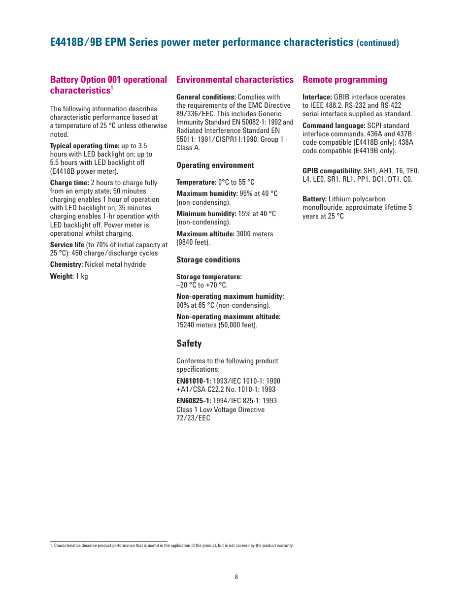 Safety, Battery option 001 operational characteristics, Environmental characteristics remote programming | Atec Agilent-E4418B-E4419B User Manual | Page 8 / 21