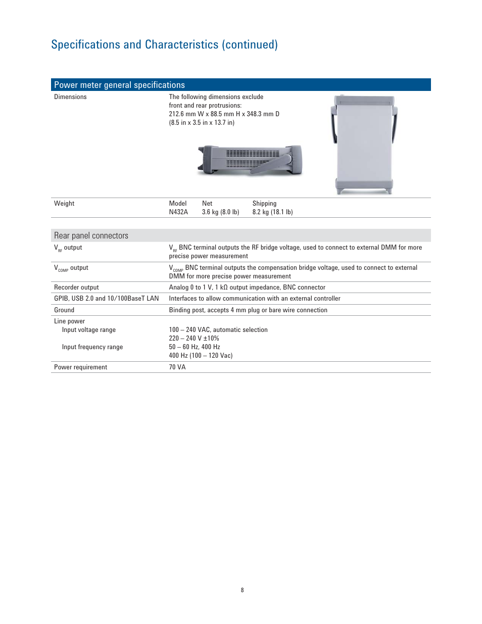 Specifications and characteristics (continued), Power meter general specifications, Rear panel connectors | Atec Agilent-N432A User Manual | Page 8 / 11