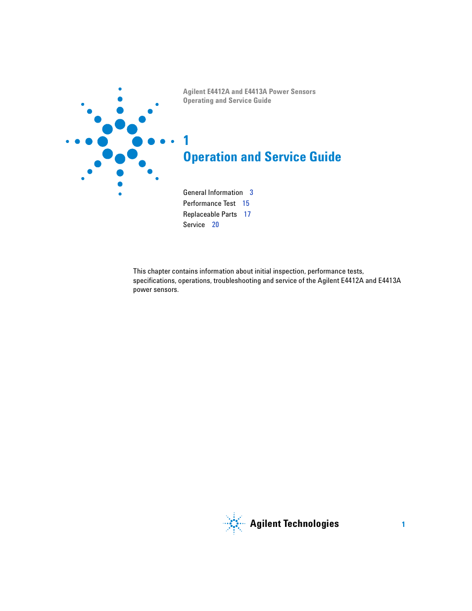 Operation and service guide, 1 operation and service guide, Agilent technologies | Atec Agilent-ECP-E26A User Manual | Page 17 / 47