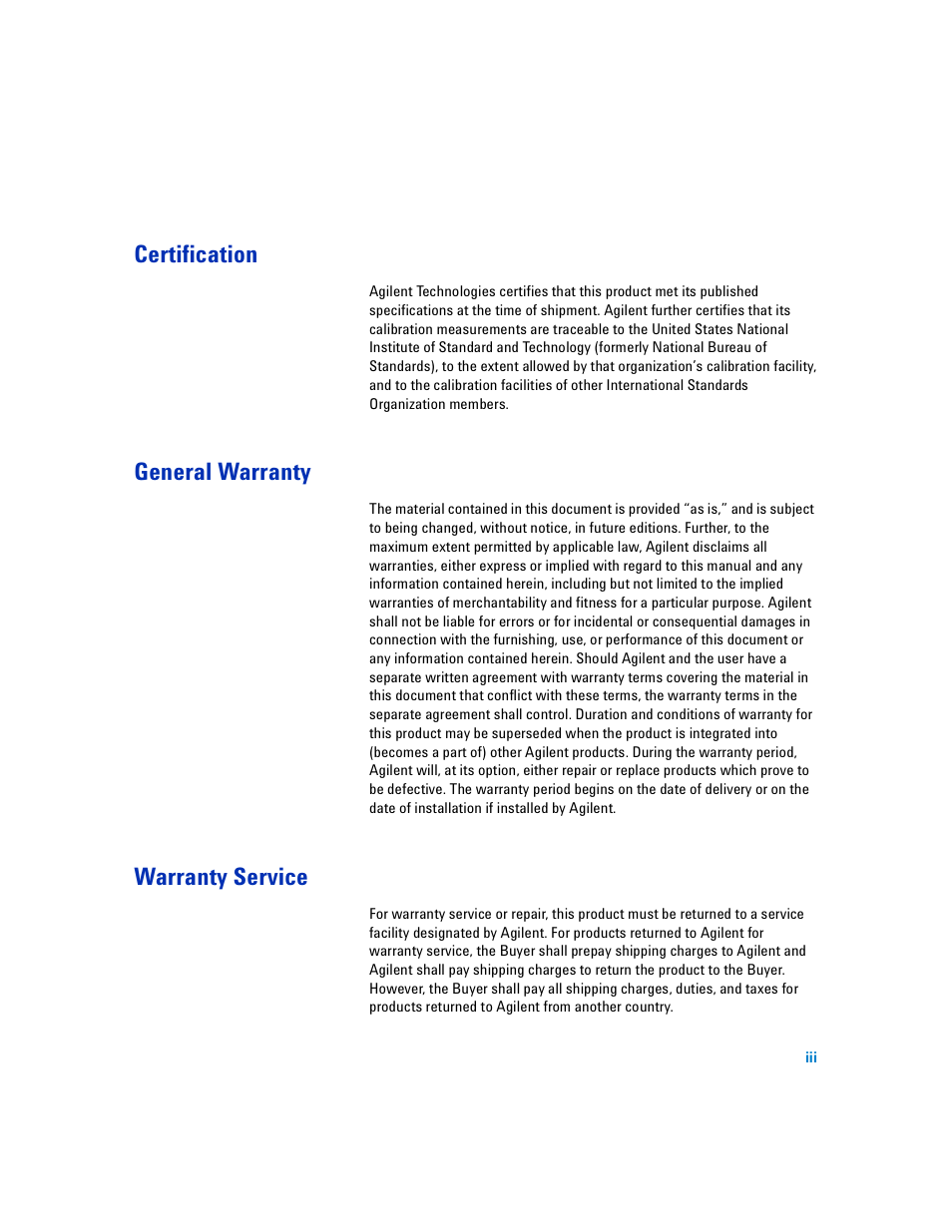 Certification, General warranty, Warranty service | Atec Agilent-ECP-E26A User Manual | Page 3 / 47