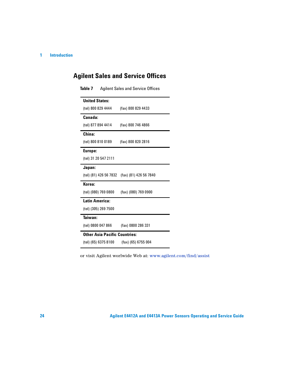 Agilent sales and service offices, Table 7, Agilent sales and service offices a-24 | Atec Agilent-ECP-E26A User Manual | Page 40 / 47