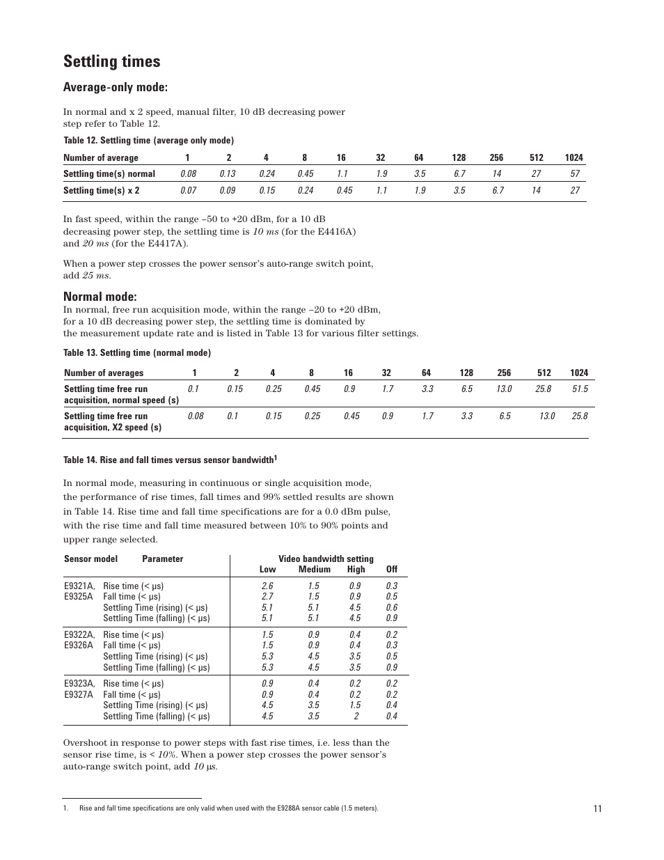 Settling times, Average-only mode, Normal mode | Atec Agilent-E9320 Series User Manual | Page 11 / 13