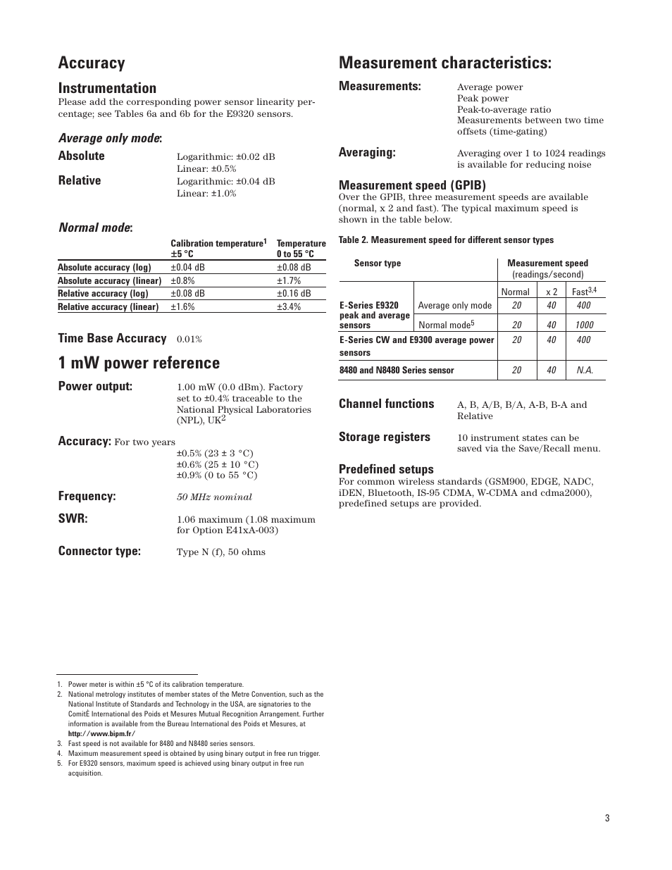 Accuracy, 1 mw power reference, Measurement characteristics | Instrumentation | Atec Agilent-E9320 Series User Manual | Page 3 / 13