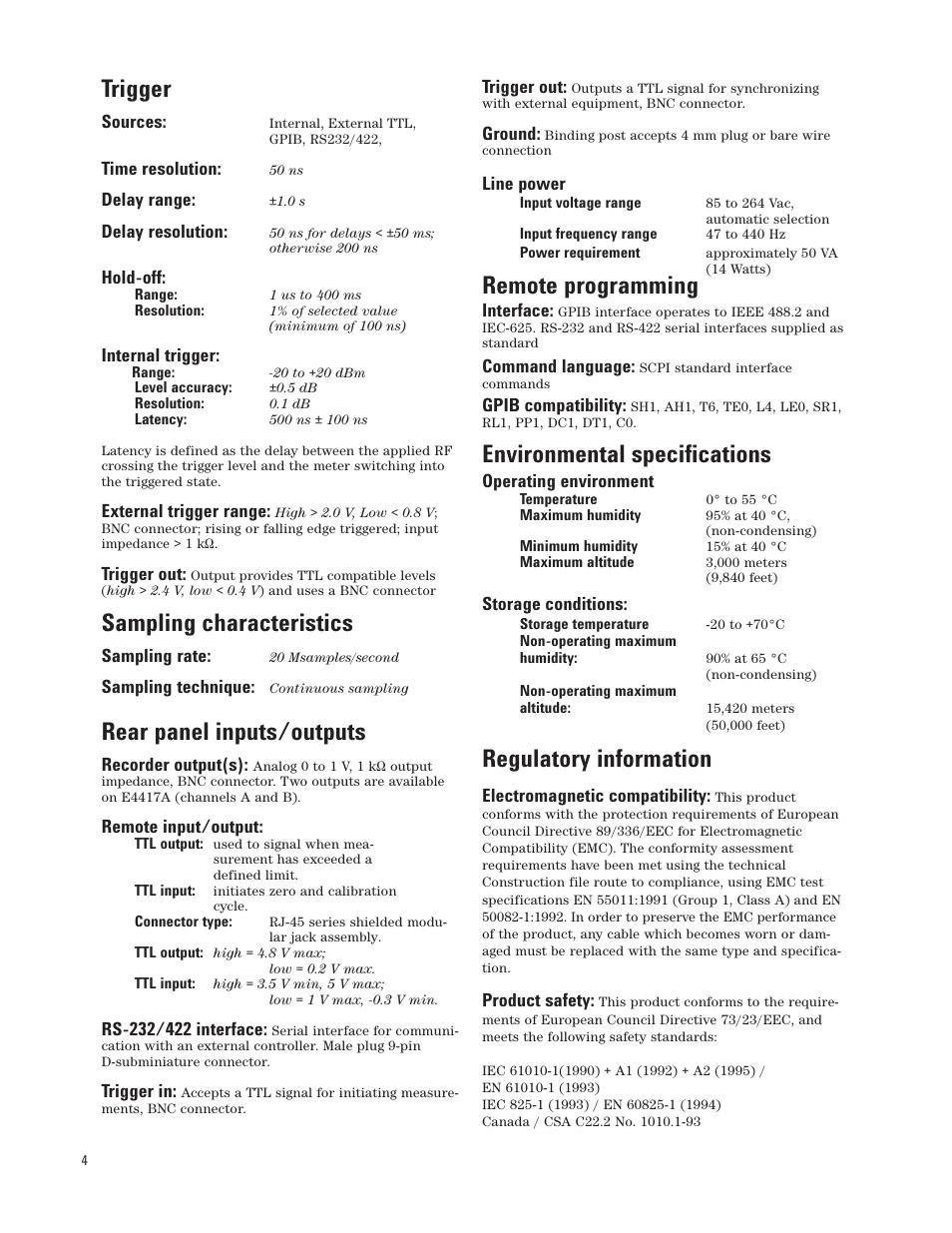 Trigger, Sampling characteristics, Rear panel inputs/outputs | Remote programming, Environmental specifications, Regulatory information | Atec Agilent-E9320 Series User Manual | Page 4 / 13