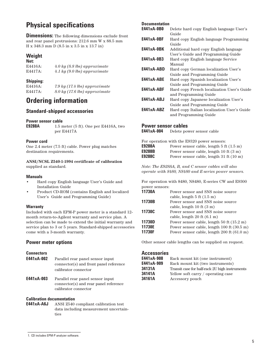 Physical specifications, Ordering information | Atec Agilent-E9320 Series User Manual | Page 5 / 13