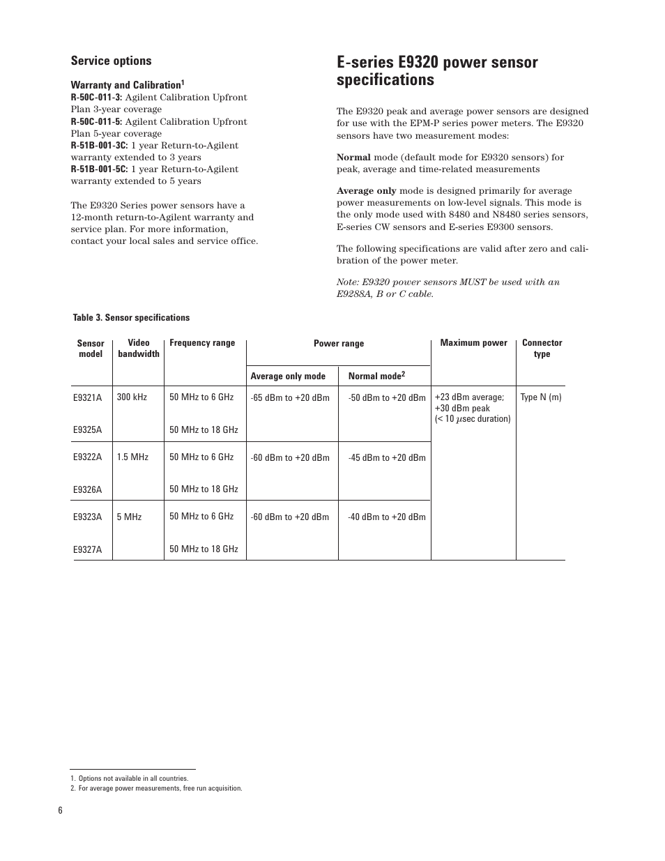 E-series e9320 power sensor specifications, Service options | Atec Agilent-E9320 Series User Manual | Page 6 / 13