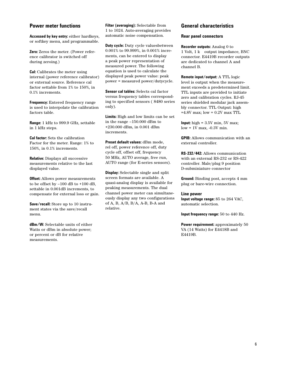 Power meter functions, General characteristics | Atec Agilent-E9300A User Manual | Page 6 / 22