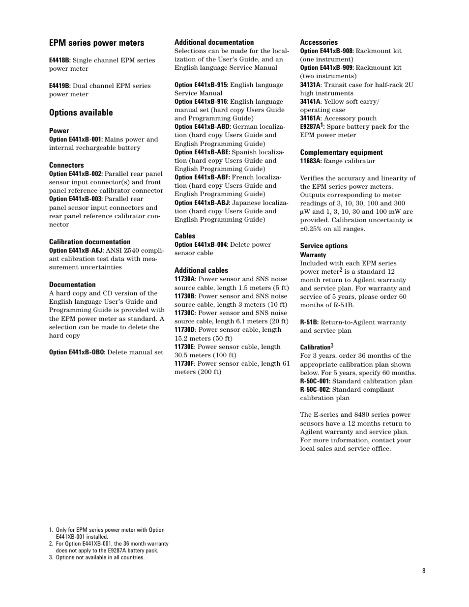 Epm series power meters, Options available | Atec Agilent-E9300A User Manual | Page 8 / 22