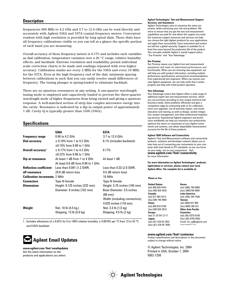 Agilent email updates, Description, Specifications | Atec Agilent-536A-537A User Manual | Page 2 / 2