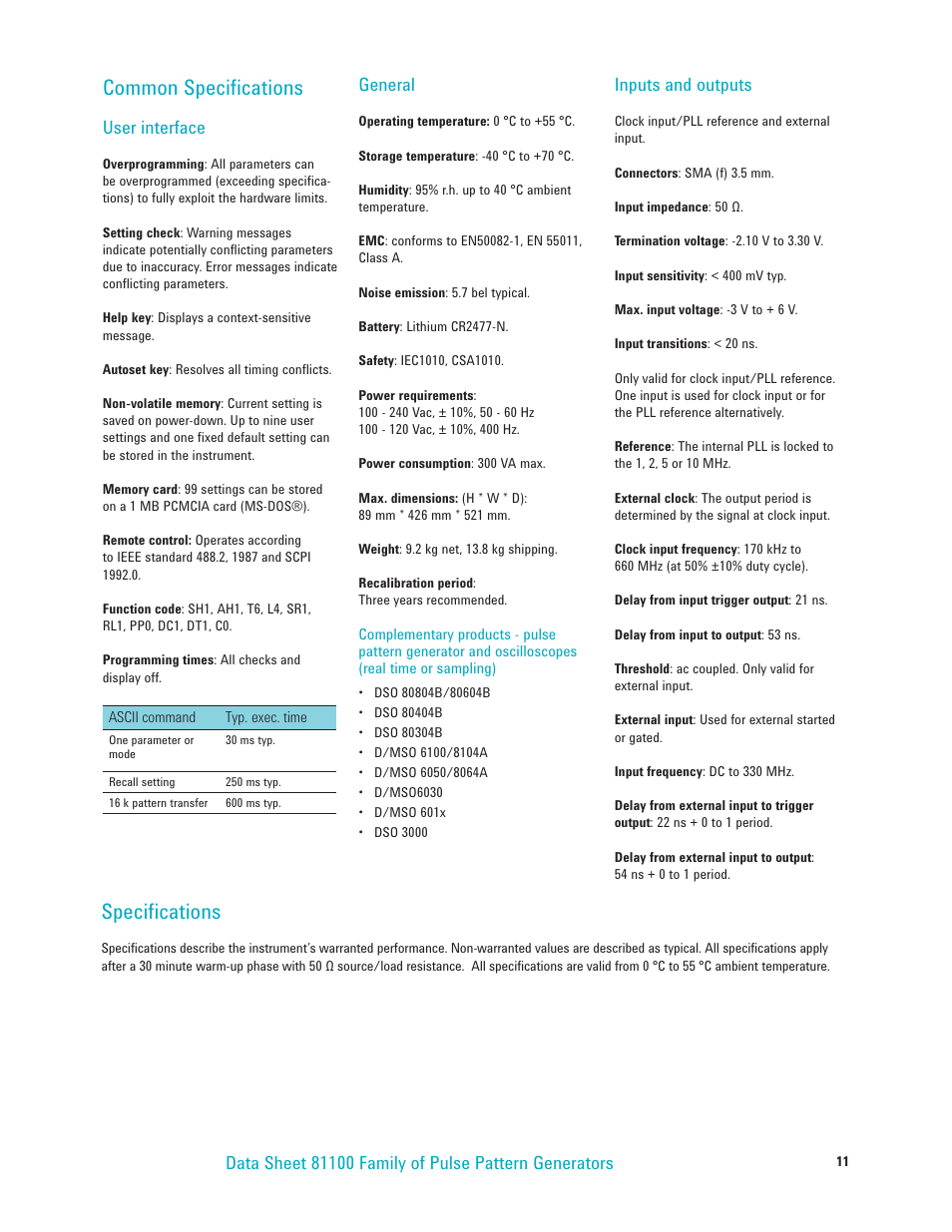 Common specifications, Specifications, User interface | General, Inputs and outputs | Atec Agilent-81100 Series User Manual | Page 11 / 13