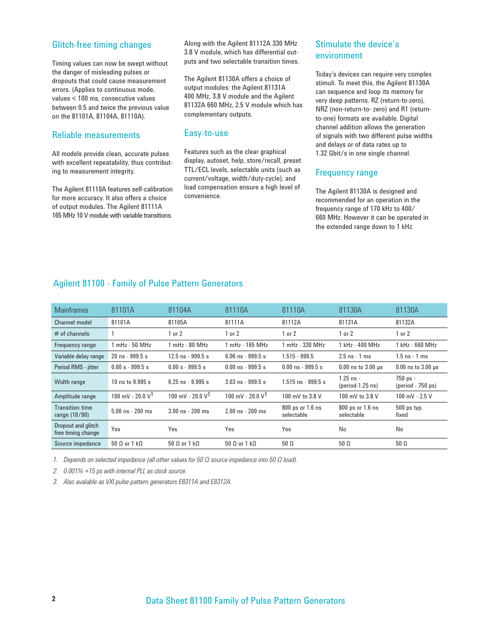 Glitch-free timing changes, Reliable measurements, Easy-to-use | Stimulate the device’s environment, Frequency range | Atec Agilent-81100 Series User Manual | Page 2 / 13
