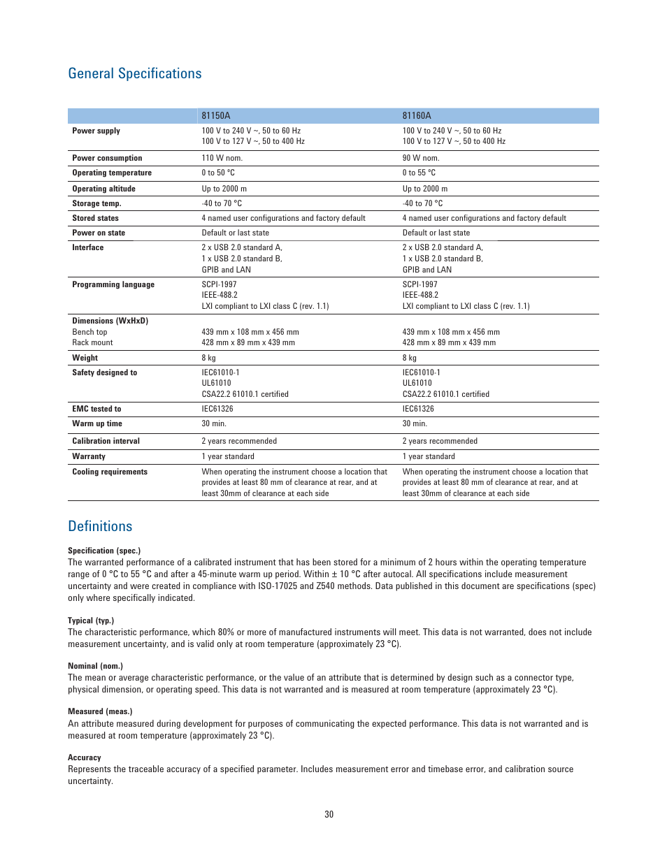 General speciﬁ cations, Deﬁ nitions | Atec Agilent-81150A-81160A User Manual | Page 30 / 34