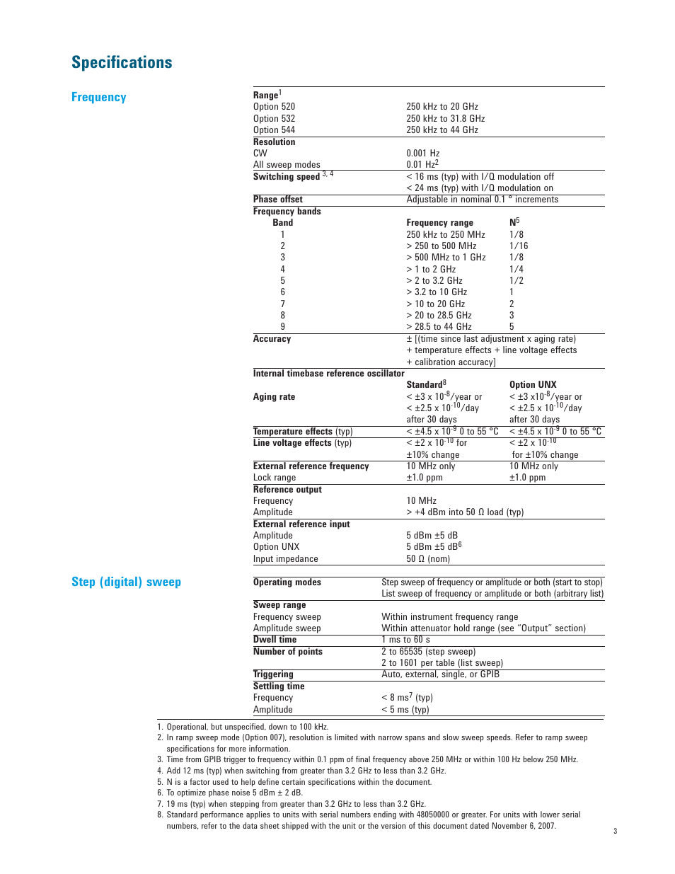 Specifications, Frequency, Step (digital) sweep | Atec Agilent-E8267D User Manual | Page 3 / 32