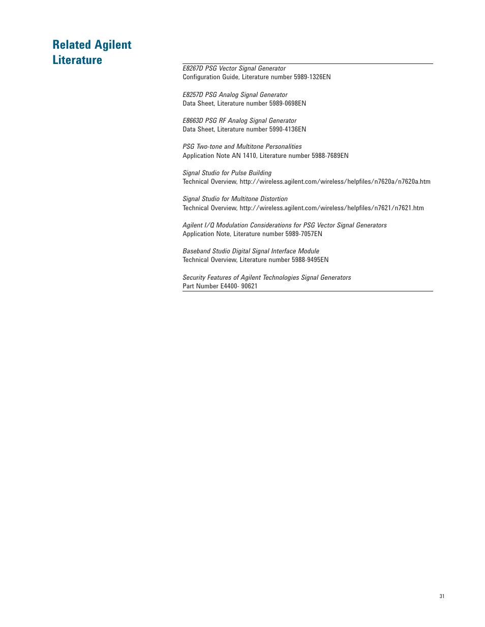 Related agilent literature | Atec Agilent-E8267D User Manual | Page 31 / 32