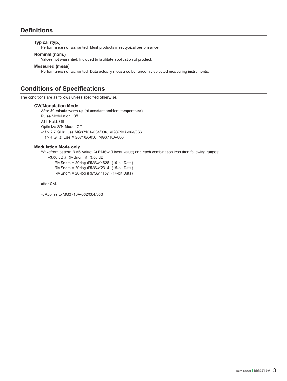 Definitions, Conditions of specifications | Atec Anritsu-MG3710A User Manual | Page 3 / 36