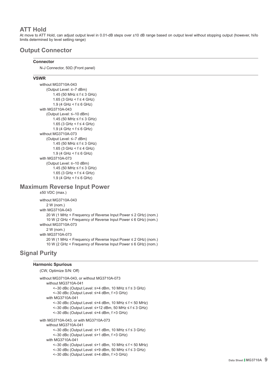 Att hold, Output connector, Maximum reverse input power | Signal purity | Atec Anritsu-MG3710A User Manual | Page 9 / 36