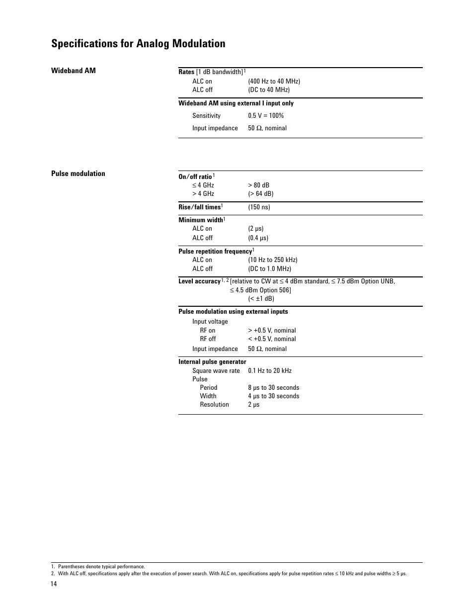 Specifications for analog modulation | Atec Agilent-E4438C User Manual | Page 14 / 39