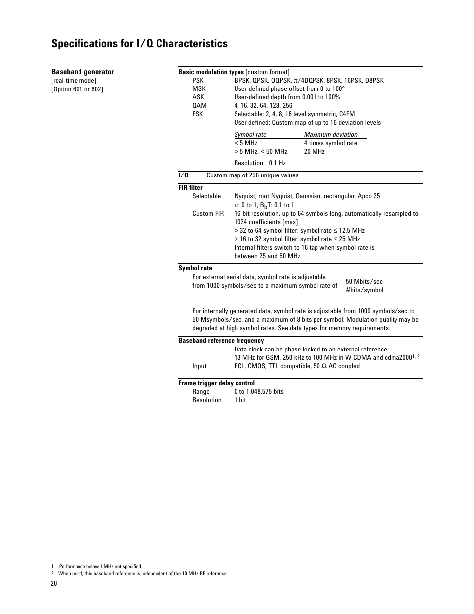Specifications for i/q characteristics | Atec Agilent-E4438C User Manual | Page 20 / 39