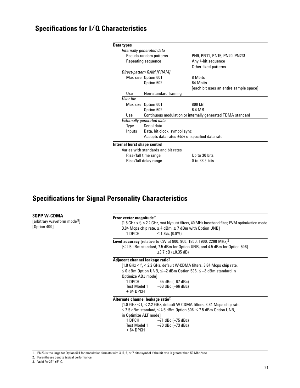 Specifications for i/q characteristics | Atec Agilent-E4438C User Manual | Page 21 / 39