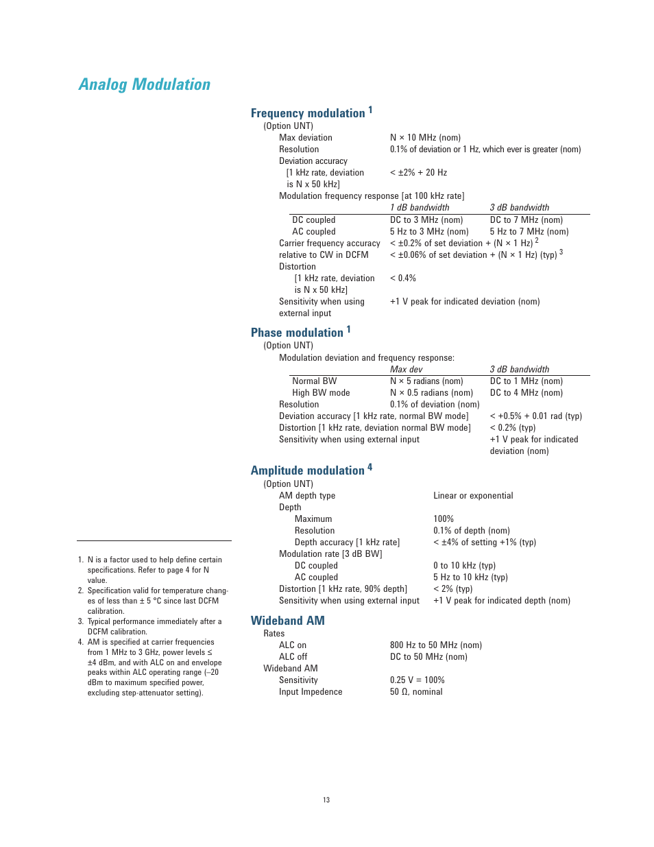 Analog modulation, Frequency modulation, Phase modulation | Amplitude modulation, Wideband am | Atec Agilent-N5182A User Manual | Page 13 / 35