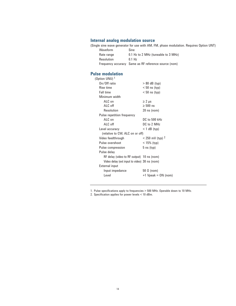 Internal analog modulation source, Pulse modulation | Atec Agilent-N5182A User Manual | Page 14 / 35