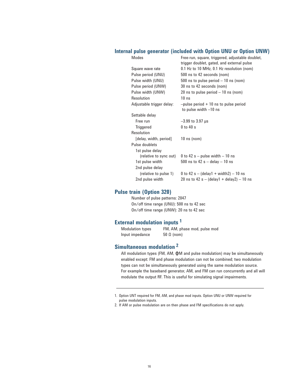 Pulse train (option 320), External modulation inputs, Simultaneous modulation | Atec Agilent-N5182A User Manual | Page 16 / 35