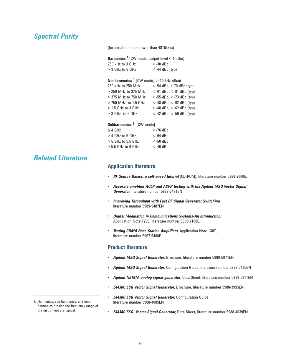 Related literature spectral purity, Application literature, Product literature | Atec Agilent-N5182A User Manual | Page 34 / 35